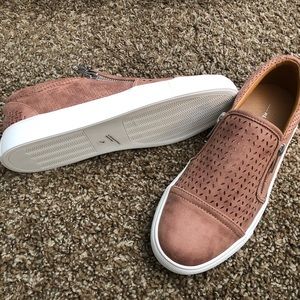 Cute Brown/Tan Slip Ons w/ Zipper Accent